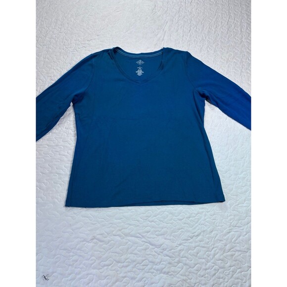 St Johns Bay Essential Tee Blue 100% Cotton Vneck Long Sleeve Blouse size large - Picture 1 of 6